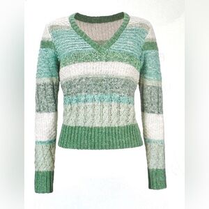 CAbi Green and Gray Striped V-Neck Sweater